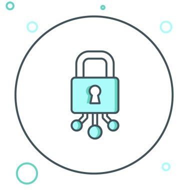 Siber güvenlik simgesi beyaz arkaplanda izole edildi. Dijital devre kartında kapalı asma kilit. Güvenlik kavramı. Dijital veri koruması. Renkli taslak konsepti. Vektör