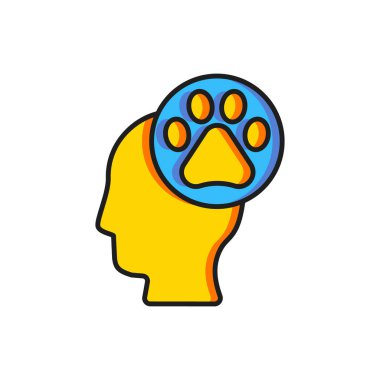 Beyaz arka planda izole edilmiş hayvan ayak izi ikonu olan renkli insan kafası. Yüreğindeki evcil hayvan pençesi. Hayvanlara sevgiler. Düz çizgili, gölgeli. Vektör