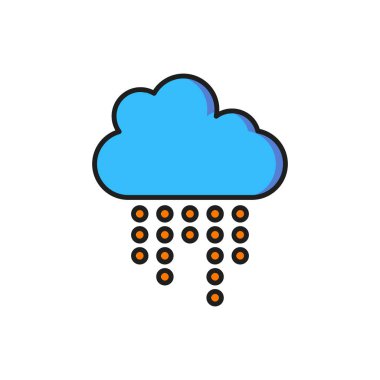 Beyaz arkaplanda izole edilmiş yağmur simgesi olan renk bulutu. Yağmur damlaları ile yağmur bulutu yağışı. Düz çizgili, gölgeli. Vektör