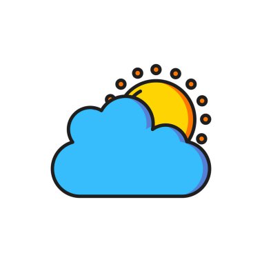 Beyaz zemin üzerinde izole edilmiş renkli güneş ve bulutlu hava ikonu. Düz çizgili, gölgeli. Vektör