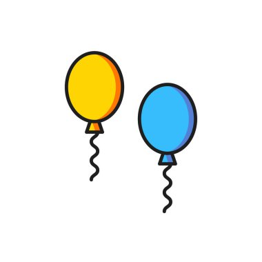 Beyaz arkaplanda izole edilmiş kurdele simgesi olan renkli balonlar. Düz çizgili, gölgeli. Vektör