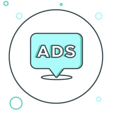 Satır Reklam simgesi beyaz arkaplanda izole edildi. Pazarlama ve tanıtım süreci kavramı. İlgili reklamlar. Sosyal medya reklamcılığı. Renkli taslak konsepti. Vektör