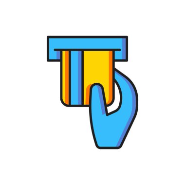 Kart okuyucu simgesine eklenen renk kartı beyaz arkaplanda izole edildi. ATM para makinesi. Düz çizgili, gölgeli. Vektör