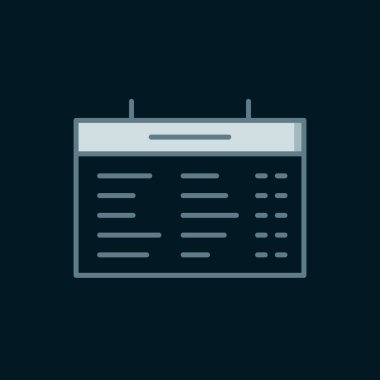 Çizgi Tren İstasyonu simgesi siyah arkaplanda izole edildi. Mekanik skor tabelası. Trendeki billboarddaki uçuş bilgileri. Düz çizgili, gölgeli. Vektör