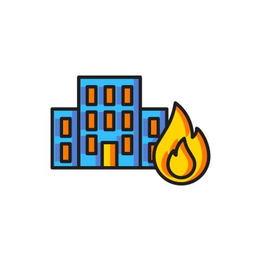 Şehir sokaklarındaki yanan binalarda beyaz arka planda izole edilmiş renk yangını. Yıkılmış şehir yanıyor. Düz çizgili, gölgeli. Vektör