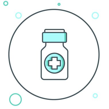 Hat ilacı şişesi ve beyaz arka planda izole edilmiş hap ikonu. Şişe hapı işareti. Eczane tasarımı. Renkli taslak konsepti. Vektör