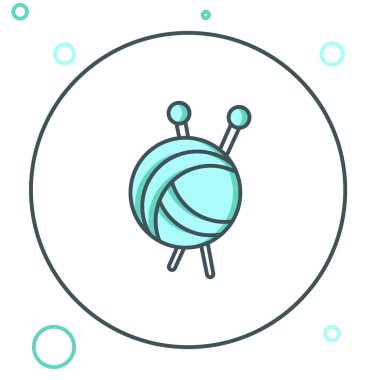 Beyaz arka planda izole edilmiş örgü iğneli çizgi iplik topu. El yapımı, örgü ya da terzi için etiket. Renkli taslak konsepti. Vektör