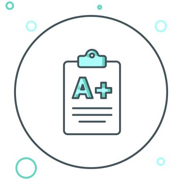 A + sınıfı simgesi beyaz arkaplanda izole edilmiş Satır Sınav kağıdı. Sınav kağıdı, sınav ya da araştırma konsepti. Sınav ya da sınav. Renkli taslak konsepti. Vektör