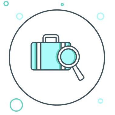 Hat Havayolları 'nın kayıp bagaj simgesini bulma servisi beyaz arkaplanda izole edildi. Bagajları arayın. Renkli taslak konsepti. Vektör