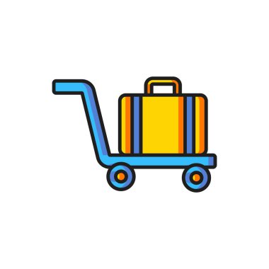 Beyaz arkaplanda izole edilmiş renkli Trolley bavul simgesi. Seyahat bagaj tabelası. Seyahat bagaj ikonu. Düz çizgili, gölgeli. Vektör