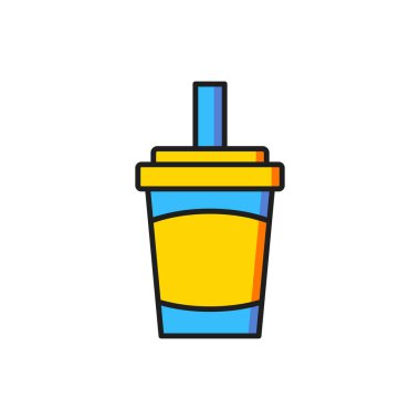 Beyaz arka planda izole edilmiş saman ve su ikonu içen renkli kağıt bardak. Soda bardağı. Taze soğuk içecek sembolü. Düz çizgili, gölgeli. Vektör