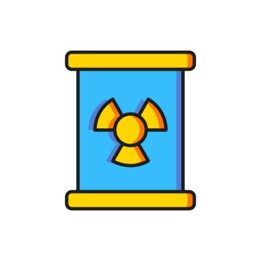 Beyaz arkaplanda izole edilmiş varil simgesindeki renkli radyoaktif atık. Zehirli atık fıçısı. Radyoaktif atık emisyonları, çevre kirliliği. Düz çizgili, gölgeli. Vektör