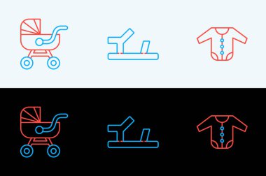 Sıra halinde bebek kıyafetleri, bebek arabası ve ayakkabı ikonu. Vektör