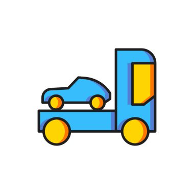 Beyaz arka planda izole edilmiş renkli araba ikonu taşıma kamyonu. Düz çizgili, gölgeli. Vektör