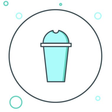 Beyaz arkaplanda çizgi milkshake simgesi izole edildi. Kapaklı ve samanlı plastik bardak. Renkli taslak konsepti. Vektör