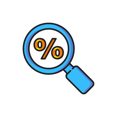 Beyaz arka planda yüzde ikon izole edilmiş renkli büyüteç. İndirimli aramalar. İndirim tabelasını ara. Düz çizgili, gölgeli. Vektör