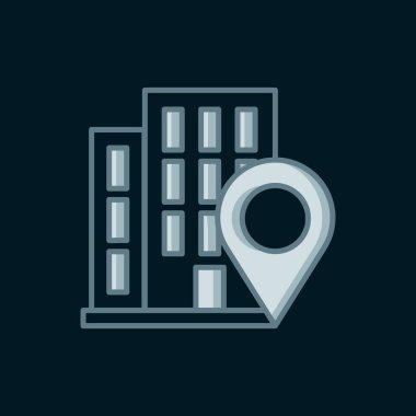 Siyah arkaplanda ev simgesi olan çizgi haritası işaretçisi. Ev konumu belirleyici sembol. Düz çizgili, gölgeli. Vektör