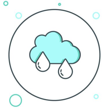 Beyaz arka planda izole edilmiş yağmur ikonlu çizgi bulutu. Yağmur damlaları ile yağmur bulutu yağışı. Renkli taslak konsepti. Vektör