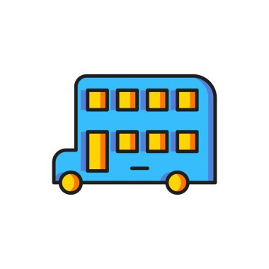 Renkli çift katlı otobüs simgesi beyaz arkaplanda izole edildi. Londra klasik yolcu otobüsü. Toplu taşıma sembolü. Düz çizgili, gölgeli. Vektör