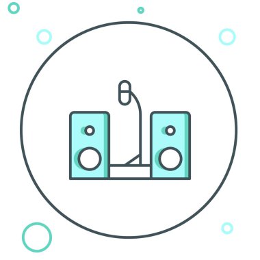 Beyaz arkaplanda iki hoparlör simgesi olan Line Home stereo. Müzik sistemi. Renkli taslak konsepti. Vektör
