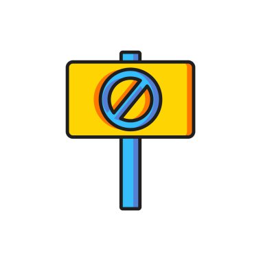 Beyaz arkaplanda renk protestosu simgesi izole edildi. Toplantı, protestocu, grev, konuşma, pankart, protesto pankartı, dilekçe, lider, broşür. Gölge vektörlü düz çizgi biçimi