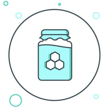 Beyaz arkaplanda izole edilmiş bal ikonu çizgi kavanozu. Yiyecek bankası. Tatlı doğal gıda sembolü. Renkli taslak konsepti. Vektör