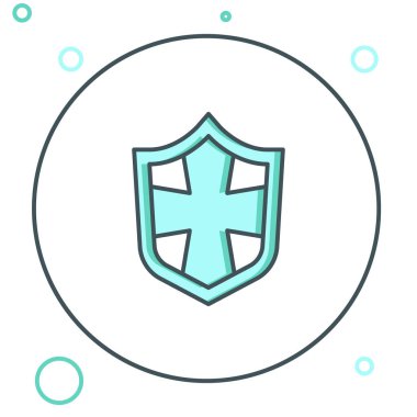 Beyaz arkaplanda çizgi kalkanı simgesi izole edildi. Gardiyan. Güvenlik, güvenlik, koruma, gizlilik kavramı. Renkli taslak konsepti. Vektör