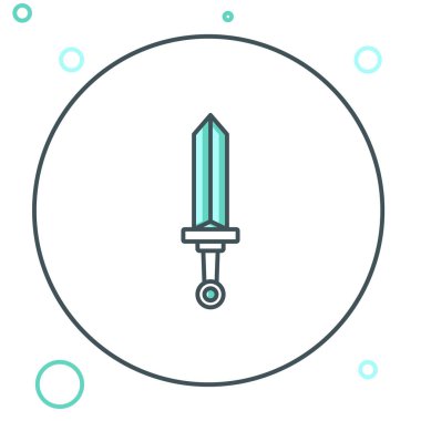 Beyaz arka planda izole edilmiş Ortaçağ kılıç simgesi. Ortaçağ silahı. Renkli taslak konsepti. Vektör