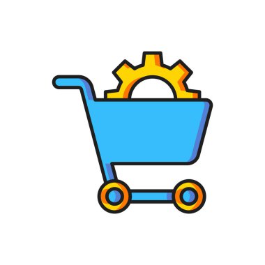 Beyaz arkaplanda izole edilmiş renkli alışveriş arabası simgesi. İnternetten satın alma konsepti. Teslimat servisi. Süpermarket sepeti. Düz çizgili, gölgeli. Vektör