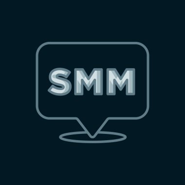 Siyah arkaplanda SMM simgesi izole edildi. Sosyal medya pazarlama, analiz, reklam stratejisi geliştirme. Düz çizgili, gölgeli. Vektör