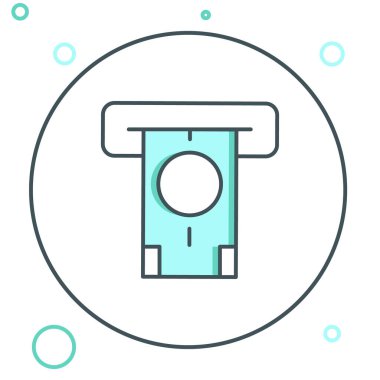 Hat ATM - Otomatik veznedar makinesi ve para simgesi beyaz arka planda izole edildi. Renkli taslak konsepti. Vektör