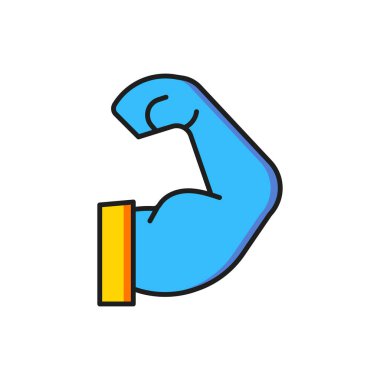 Renkli vücut geliştirici beyaz arka planda izole edilmiş kas simgesini gösteriyor. Formda kalmak, güçlü sağlık hobisi kavramı. Düz çizgili, gölgeli. Vektör