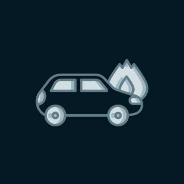 Line Burning car icon isolated on black background. Car on fire. Broken auto covered with fire and smoke. Flat filled outline style with shadow. Vector clipart