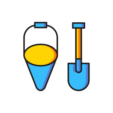 Renkli ateş küreği ve koni kovası ikonu beyaz arkaplanda izole edilmiş. Düz çizgili, gölgeli. Vektör