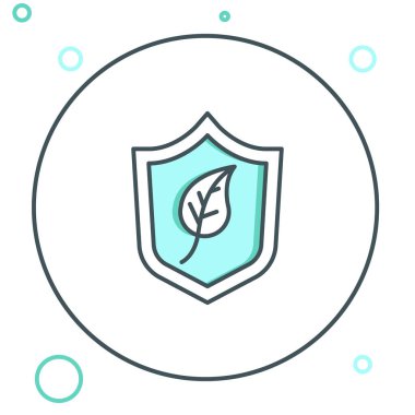 Beyaz arkaplanda yaprak simgesi olan çizgi kalkanı. Yapraklı çevre dostu güvenlik kalkanı. Renkli taslak konsepti. Vektör