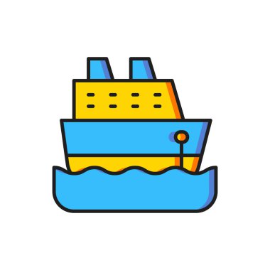 Renkli gemi simgesi beyaz arkaplanda izole edildi. Seyahat turizmi deniz taşımacılığı. Yolcu gemisi, yolcu gemisi. Dünya çapında bir gezi. Düz çizgili, gölgeli. Vektör