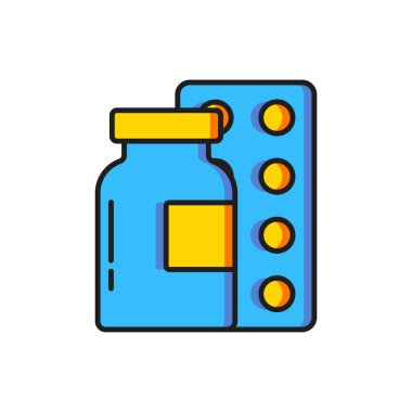 Beyaz arka planda izole edilmiş renkli haplar. İlaç paketi. Tablet, vitamin, antibiyotik, aspirin. Düz çizgili, gölgeli. Vektör