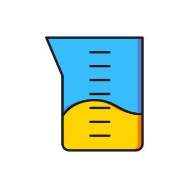 Beyaz arka planda izole edilmiş renk laboratuarı cam süslemesi ya da beher ikonu. Düz çizgili, gölgeli. Vektör