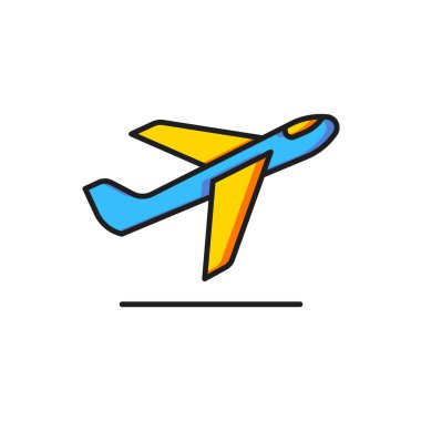 Renkli Uçak kalkış simgesi beyaz arkaplanda izole edildi. Uçak taşıma sembolü. Düz çizgili, gölgeli. Vektör