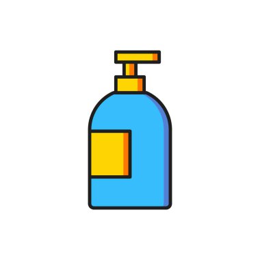 Beyaz arka planda izole edilmiş renkli bulaşık deterjanı ikonu. Bulaşık yıkamak için sıvı deterjan. Düz çizgili, gölgeli. Vektör