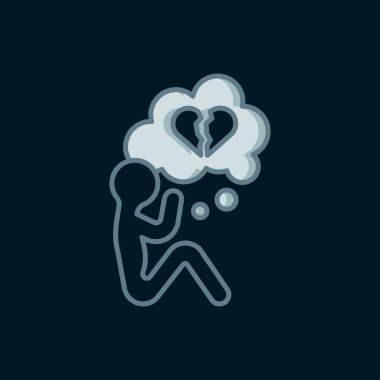 Kırık kalp ya da boşanma simgesi siyah arka planda izole edilmiş. Aşk sembolü. Sevgililer Günü. Düz çizgili, gölgeli. Vektör