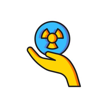 Beyaz arkaplanda el simgesinde izole edilmiş renkli radyoaktif. Radyoaktif zehirli sembol. Radyasyon tehlikesi işareti. Düz çizgili, gölgeli. Vektör