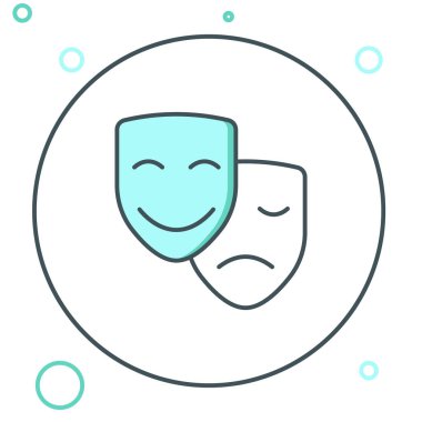 Çizgi komedi ve trajedi teatral maskeler beyaz arka planda izole edilmiş. Renkli taslak konsepti. Vektör