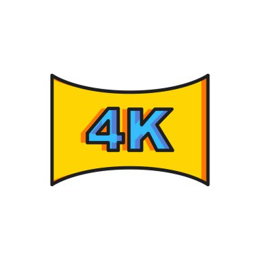 4k Ultra HD video teknolojisi ikonuna sahip renkli ekran televizyon beyaz arkaplanda izole edildi. Düz çizgili, gölgeli. Vektör