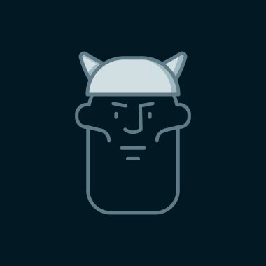 Çizgi Viking baş simgesi siyah arkaplanda izole edildi. Düz çizgili, gölgeli. Vektör