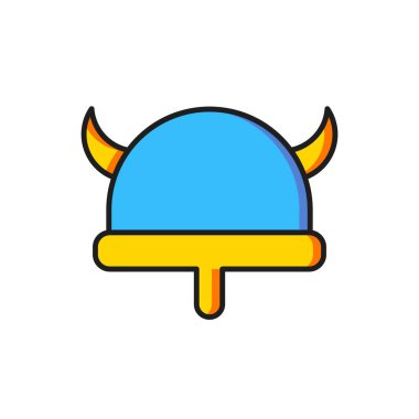 Beyaz arka planda izole edilmiş boynuzlu kask ikonunda renkli Viking. Düz çizgili, gölgeli. Vektör