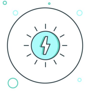 Beyaz arka planda izole edilmiş çizgi güneş enerjisi simgesi. Yıldırım sembollü güneş. Renkli taslak konsepti. Vektör