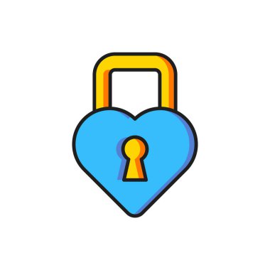 Renkli Kale, beyaz arka planda izole edilmiş kalp simgesi şeklinde. Kilitli Kalp. Aşk sembolü ve anahtar deliği işareti. Sevgililer günün kutlu olsun. Düz çizgili, gölgeli. Vektör