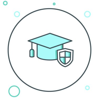 Beyaz zemin üzerinde kalkan simgesi olan çizgi mezuniyet şapkası. Sigorta konsepti. Güvenlik, güvenlik, koruma, konsept koruma. Renkli taslak konsepti. Vektör