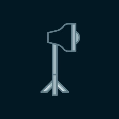 Softbox simgesindeki Line Studio ampulü siyah arkaplanda izole edildi. Gölge yansıma tasarımı. Düz çizgili, gölgeli. Vektör